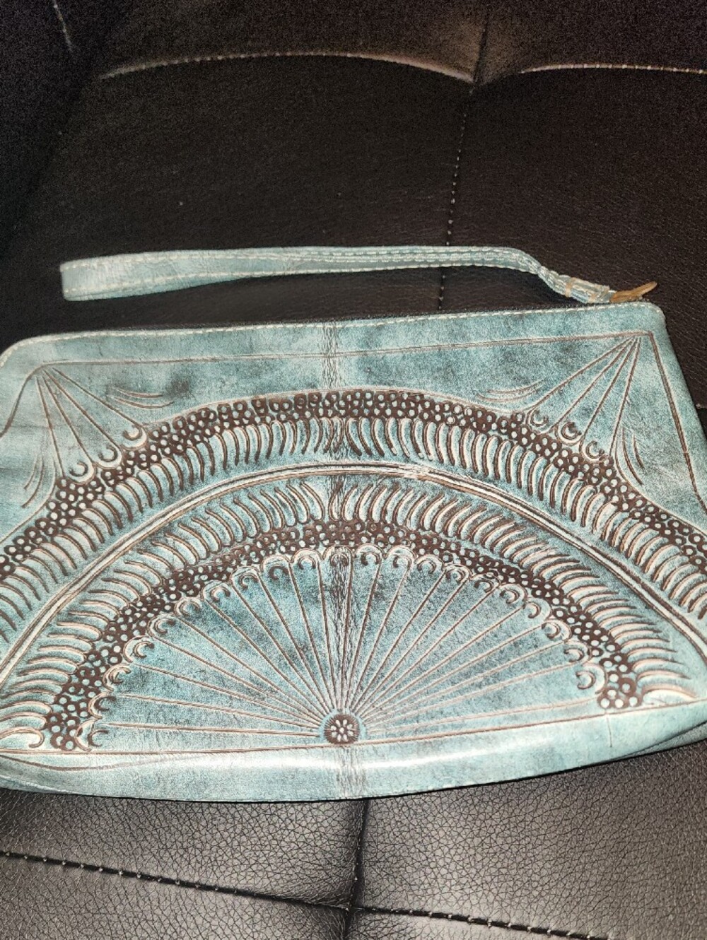 Hand-Tooled Turquoise Leather Wristlet Clutch - Picture 6 of 15